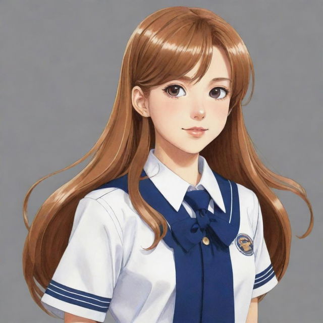 Hand-drawn style anime girl with long caramel hair in a high-school uniform