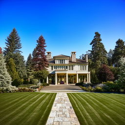 A beautiful, luxurious home with lush green lawns, a broad driveway, and tall, majestic trees surrounding it, against a backdrop of a clear, blue sky.