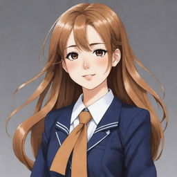 Hand-drawn style anime girl with long caramel hair in a high-school uniform