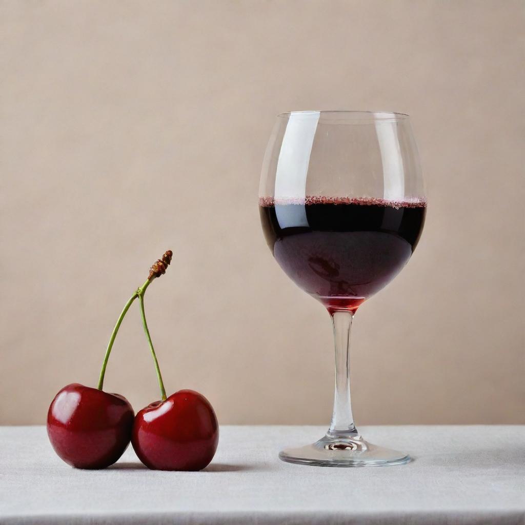 A vibrant red cherry alongside a filled wine glass, all set against a background of a textured cherry canvas.