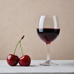 A vibrant red cherry alongside a filled wine glass, all set against a background of a textured cherry canvas.