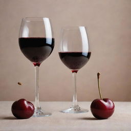 A vibrant red cherry alongside a filled wine glass, all set against a background of a textured cherry canvas.