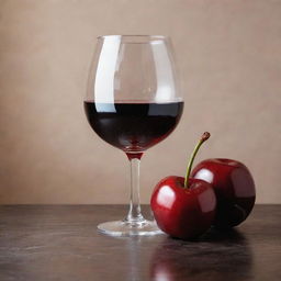 A vibrant red cherry alongside a filled wine glass, all set against a background of a textured cherry canvas.