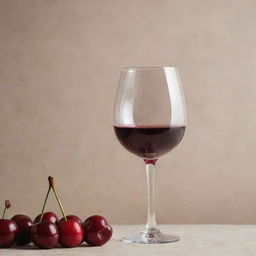 A vibrant red cherry alongside a filled wine glass, all set against a background of a textured cherry canvas.