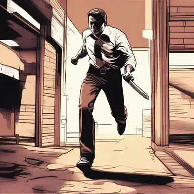 In the suspenseful scene, the killer brandished a butcher knife while chasing the protagonist.