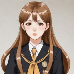 Hand-drawn anime girl with long caramel hair, wearing a black and gold high-school uniform