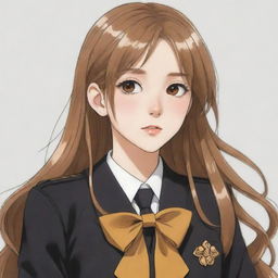 Hand-drawn anime girl with long caramel hair, wearing a black and gold high-school uniform