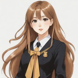 Hand-drawn anime girl with long caramel hair, wearing a black and gold high-school uniform