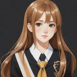 Hand-drawn anime girl with long caramel hair, wearing a black and gold high-school uniform