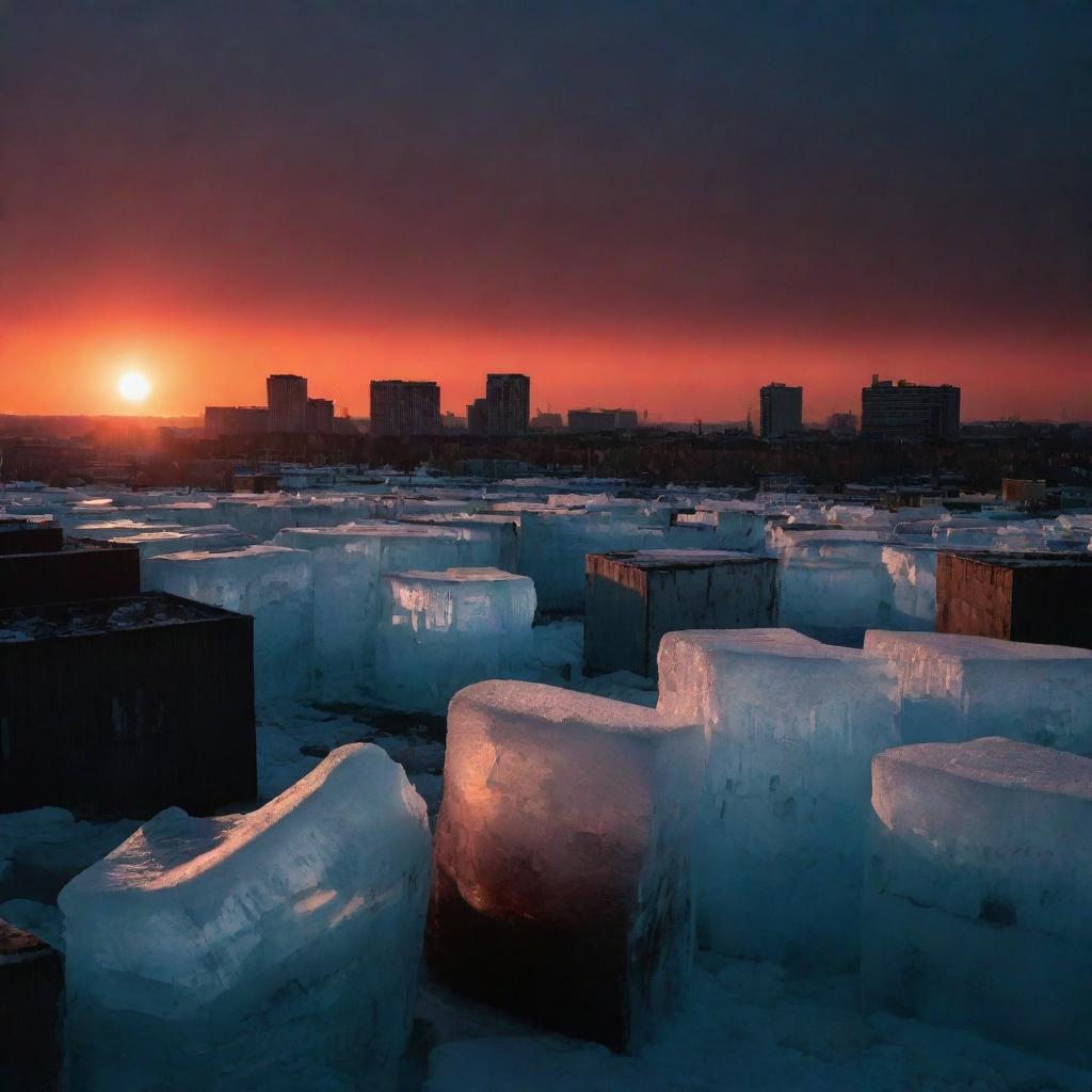 Massive blocks of ice, mimicking the size and structure of buildings, plummet onto city structures, shattering them. The sky is engulfed in blackness with a singular deep-red sun casting eerie shadows. Surrounding the sun, the sky transitions into a transparent, dark blue.