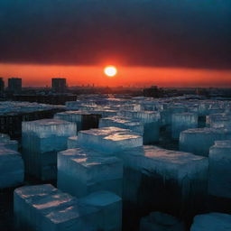 Massive blocks of ice, mimicking the size and structure of buildings, plummet onto city structures, shattering them. The sky is engulfed in blackness with a singular deep-red sun casting eerie shadows. Surrounding the sun, the sky transitions into a transparent, dark blue.