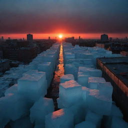 Massive blocks of ice, mimicking the size and structure of buildings, plummet onto city structures, shattering them. The sky is engulfed in blackness with a singular deep-red sun casting eerie shadows. Surrounding the sun, the sky transitions into a transparent, dark blue.