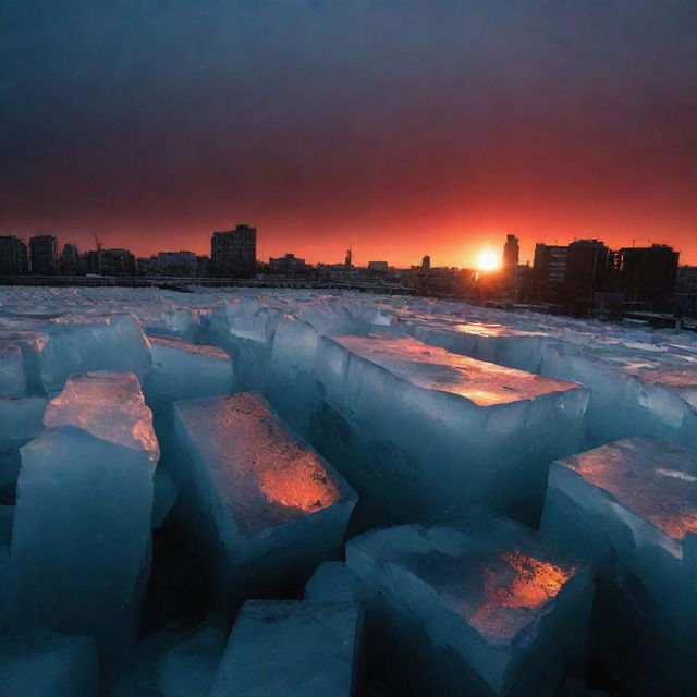 Massive blocks of ice, mimicking the size and structure of buildings, plummet onto city structures, shattering them. The sky is engulfed in blackness with a singular deep-red sun casting eerie shadows. Surrounding the sun, the sky transitions into a transparent, dark blue.