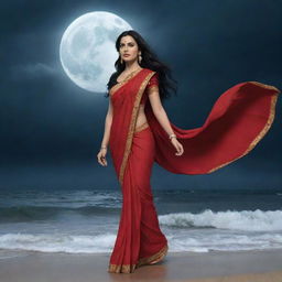 Animated portrayal of a woman with long black hair, wearing a striking red saree, traversing a stormy beach under a moonlit sky.