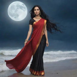 Animated portrayal of a woman with long black hair, wearing a striking red saree, traversing a stormy beach under a moonlit sky.