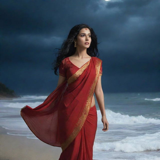 Animated portrayal of a woman with long black hair, wearing a striking red saree, traversing a stormy beach under a moonlit sky.