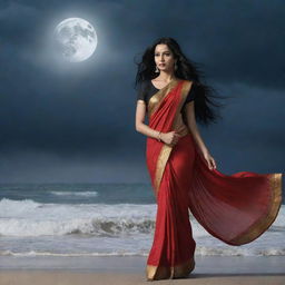 Animated portrayal of a woman with long black hair, wearing a striking red saree, traversing a stormy beach under a moonlit sky.