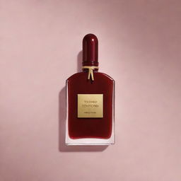 Visualize a bottle of Tom Ford perfume releasing seductive, aromatic waves of cherry, almond oil, vanilla, and subtle woody accents, embodying sweet and deep shades in a sensually captivating tableau.