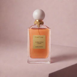 Visualize a bottle of Tom Ford perfume releasing seductive, aromatic waves of cherry, almond oil, vanilla, and subtle woody accents, embodying sweet and deep shades in a sensually captivating tableau.