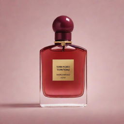 Visualize a bottle of Tom Ford perfume releasing seductive, aromatic waves of cherry, almond oil, vanilla, and subtle woody accents, embodying sweet and deep shades in a sensually captivating tableau.