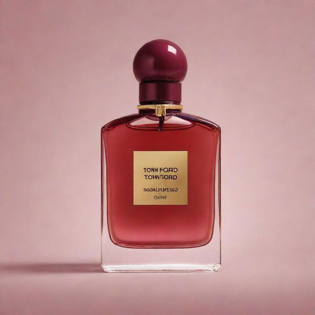 Visualize a bottle of Tom Ford perfume releasing seductive, aromatic waves of cherry, almond oil, vanilla, and subtle woody accents, embodying sweet and deep shades in a sensually captivating tableau.