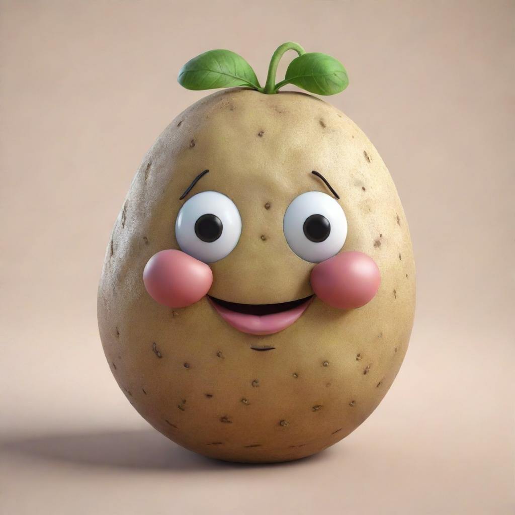 A cute, anthropomorphized potato smiling and with charming, friendly eyes.