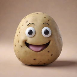 A cute, anthropomorphized potato smiling and with charming, friendly eyes.