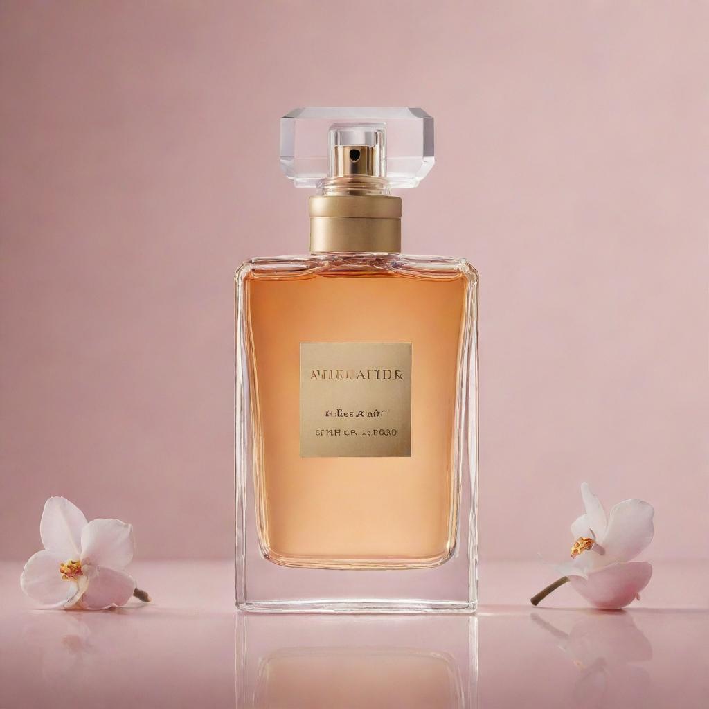 Imagine a beautiful scene featuring a perfume with seductive notes of cherry, almond oil, vanilla, and a subtle woody accord creating a unique and sensual bouquet, the scent captured visually through contrasting sweet and deep hues.