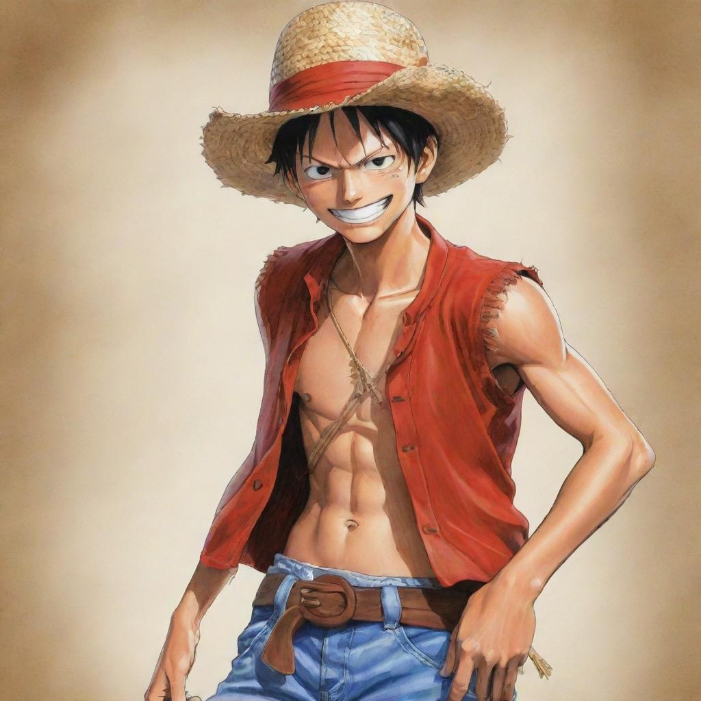 A detailed, dynamic illustration of the Anime character, Luffy from One Piece, featuring his signature straw hat and red vest.