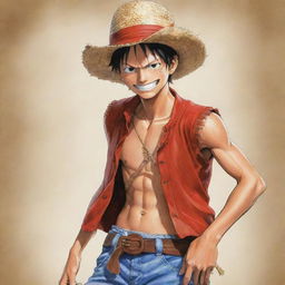 A detailed, dynamic illustration of the Anime character, Luffy from One Piece, featuring his signature straw hat and red vest.