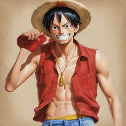 A detailed, dynamic illustration of the Anime character, Luffy from One Piece, featuring his signature straw hat and red vest.