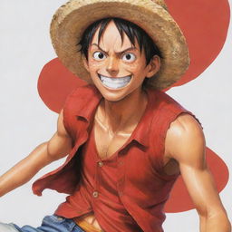 A detailed, dynamic illustration of the Anime character, Luffy from One Piece, featuring his signature straw hat and red vest.