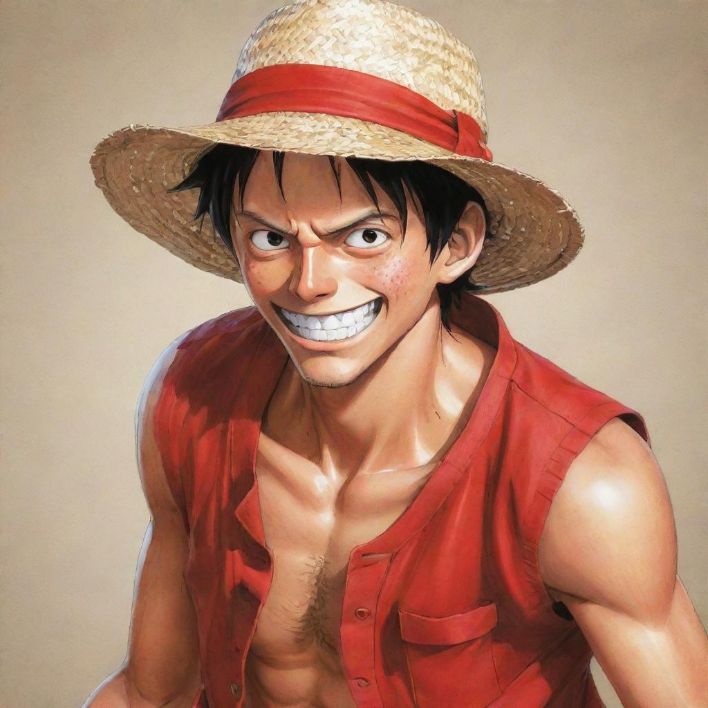 A detailed, dynamic illustration of the Anime character, Luffy from One Piece, featuring his signature straw hat and red vest.