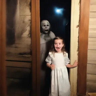 She jokingly pretended to be scared of the haunted house.