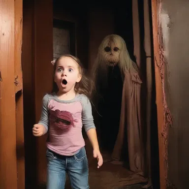 She jokingly pretended to be scared of the haunted house.