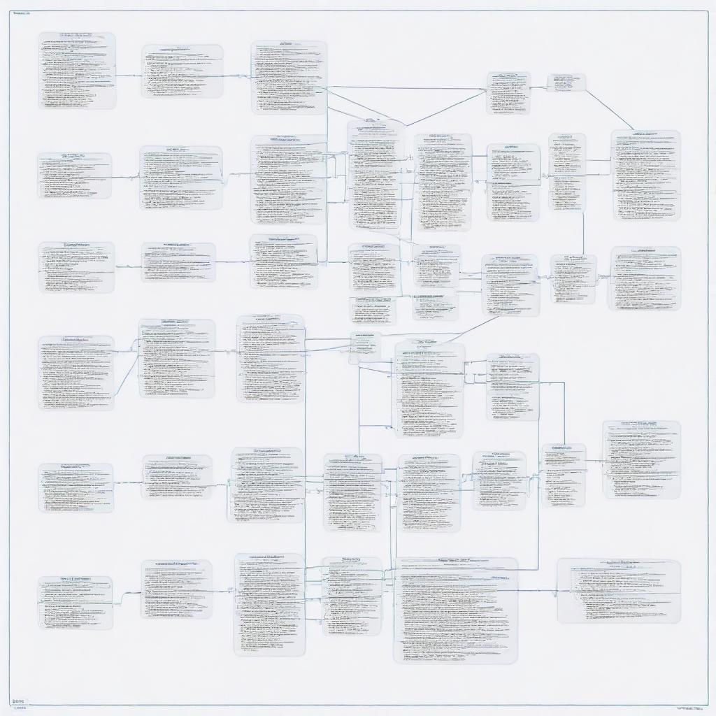 An intricate process chart filled with numerous datasets, featuring cascading nodes, connecting lines, and labeled data points.