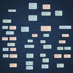 An intricate process chart filled with numerous datasets, featuring cascading nodes, connecting lines, and labeled data points.