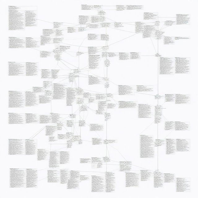 An intricate process chart filled with numerous datasets, featuring cascading nodes, connecting lines, and labeled data points.