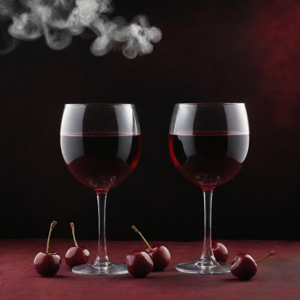 A mystic scene depicting luscious cherries, a filled wine glass, and curling smoke, against a deep, dark red backdrop.