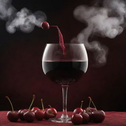 A mystic scene depicting luscious cherries, a filled wine glass, and curling smoke, against a deep, dark red backdrop.