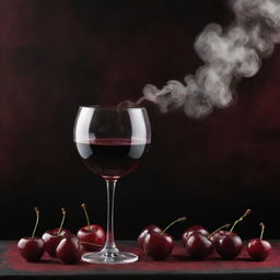 A mystic scene depicting luscious cherries, a filled wine glass, and curling smoke, against a deep, dark red backdrop.