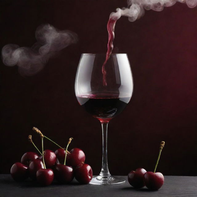 A mystic scene depicting luscious cherries, a filled wine glass, and curling smoke, against a deep, dark red backdrop.