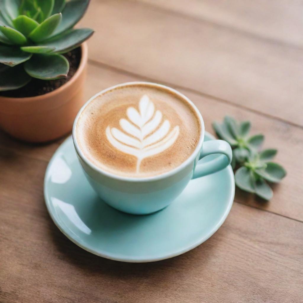 Create an Instagram post featuring a trendy aesthetic scene. The scene consists of a latte in a pastel cup, a succulent plant, and a polaroid photo on a wooden table.