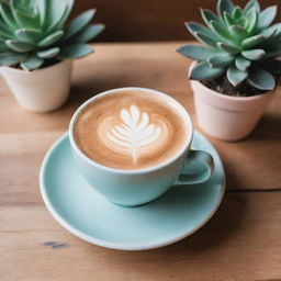 Create an Instagram post featuring a trendy aesthetic scene. The scene consists of a latte in a pastel cup, a succulent plant, and a polaroid photo on a wooden table.