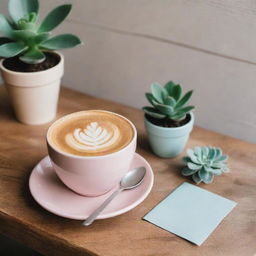 Create an Instagram post featuring a trendy aesthetic scene. The scene consists of a latte in a pastel cup, a succulent plant, and a polaroid photo on a wooden table.