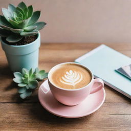 Create an Instagram post featuring a trendy aesthetic scene. The scene consists of a latte in a pastel cup, a succulent plant, and a polaroid photo on a wooden table.