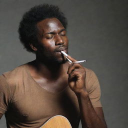 A dark-skinned man with a soulful expression, a lit cigarette idly held in his mouth, fingers dancing on the strings of a guitar.