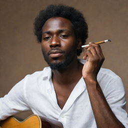 A dark-skinned man with a soulful expression, a lit cigarette idly held in his mouth, fingers dancing on the strings of a guitar.