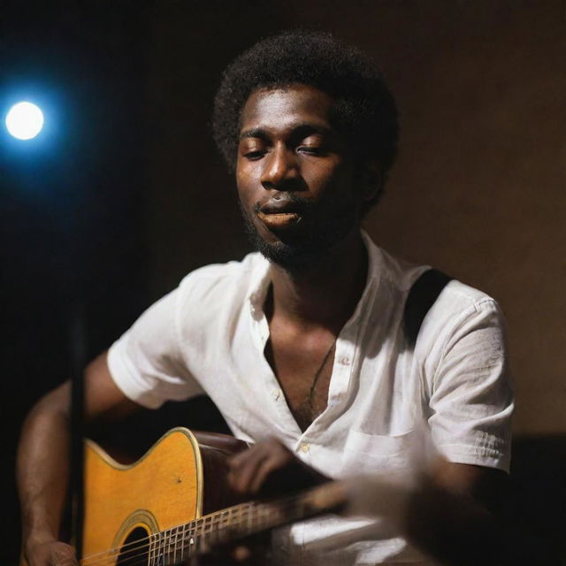 A dark-skinned man with a soulful expression, a lit cigarette idly held in his mouth, fingers dancing on the strings of a guitar.