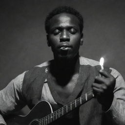 A dark-skinned man with a soulful expression, a lit cigarette idly held in his mouth, fingers dancing on the strings of a guitar.